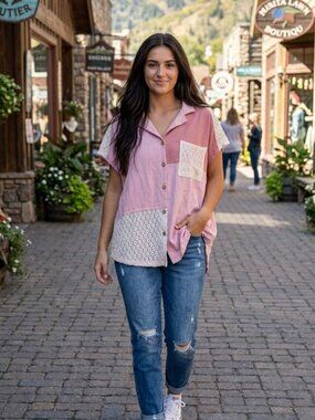 Oli & Hali Pink Patchwork Lace Linen Blend Oversized Top with Pockets Size L